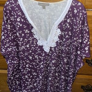Dark Purple w/White Floral Design Plus Size Top w/Embroidery Neckline
